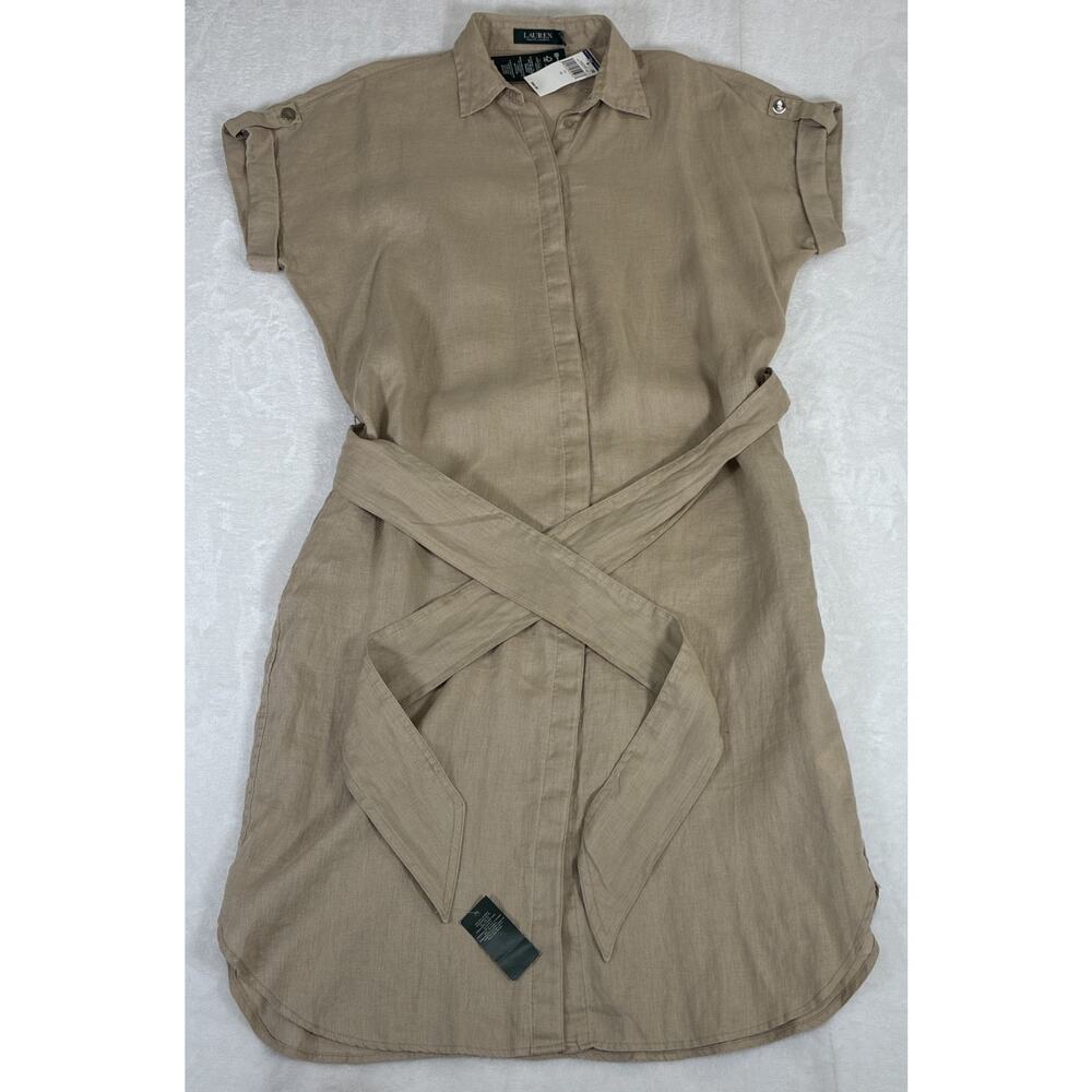 NWT Lauren Ralph Lauren Tie Front Linen Shirt Dress Sz 12 Lauren Khaki Charity - Picture 1 of 14